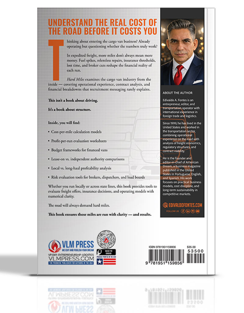 Hard Miles book cover by Edivaldo A. Fontes showing a cargo van on a winter highway, a brutally honest guide to starting a cargo van business